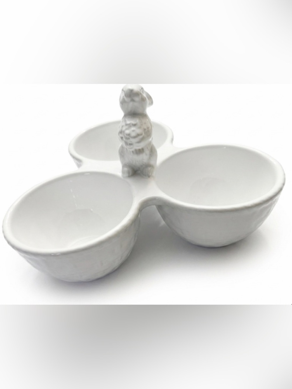 Easter Collection White Ceramic 3-Section Snack Server Bunny Handle